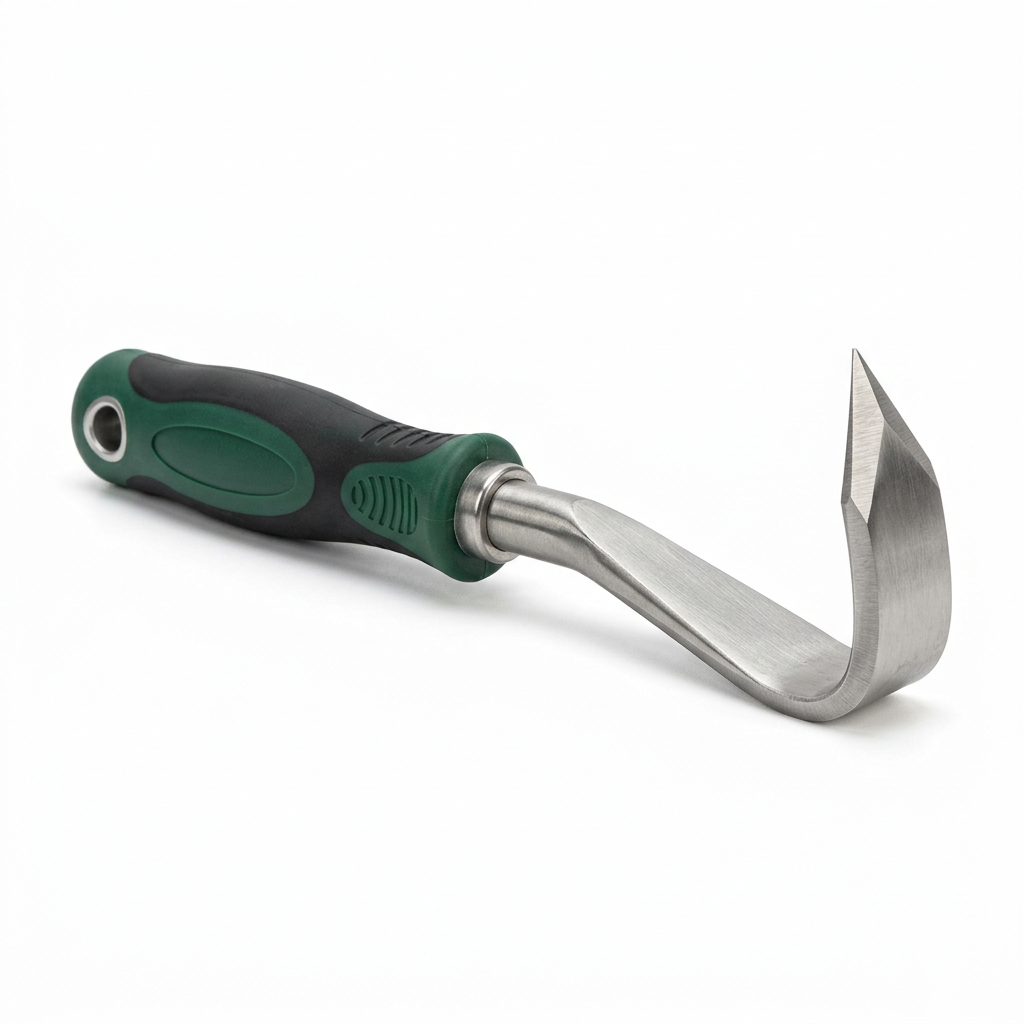Single complete manual garden weeding tool showing right-angled hooked blade, solid shank, and ergonomic handle on pure white background