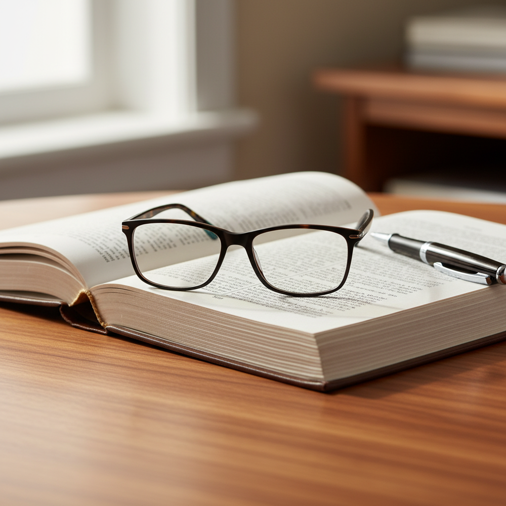 Coated reading glasses on open book on study desk showing glare-free lenses
