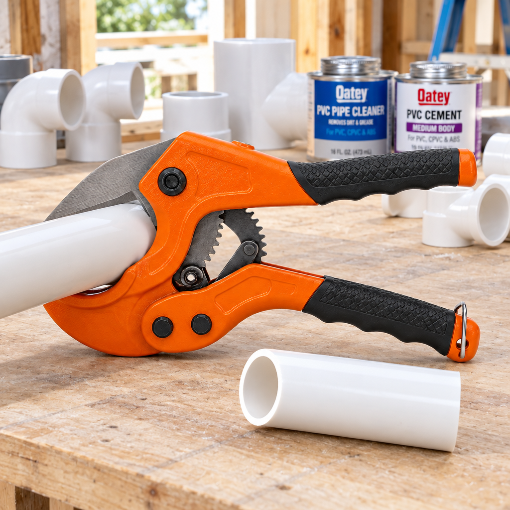Ratchet PVC pipe cutter cutting white plastic pipe with clean smooth cross-section on plumbing workbench