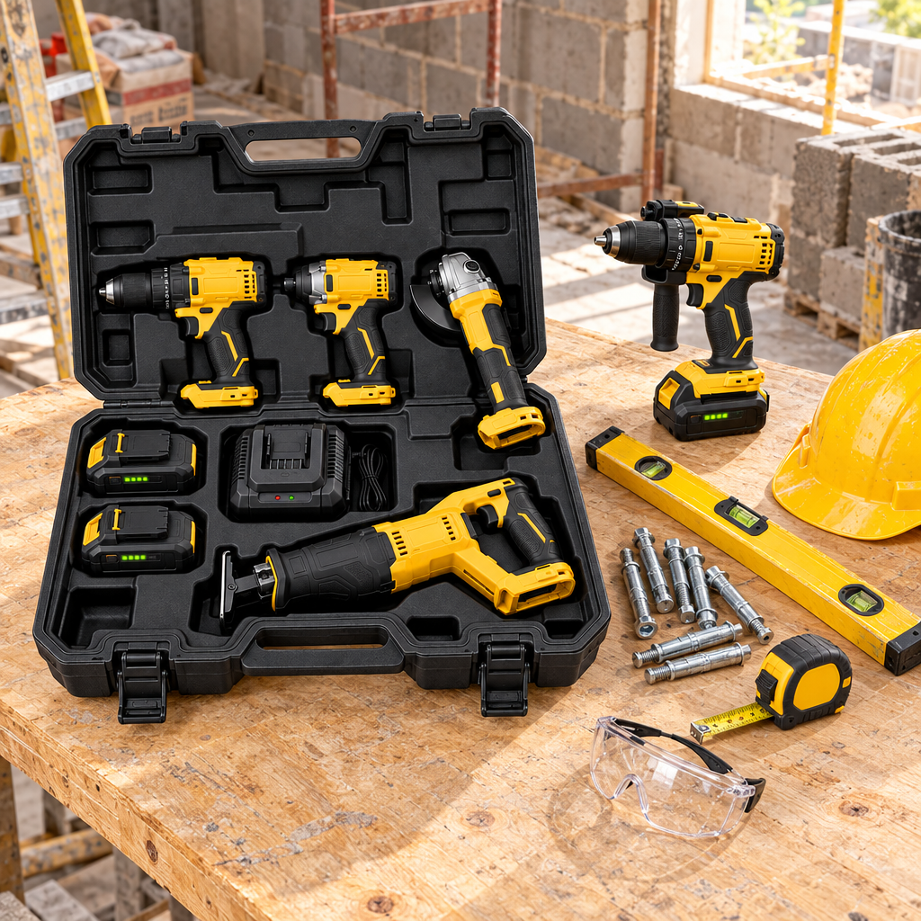 Open cordless power tool combo kit case on a construction workbench beside a cordless drill, anchor bolts, hard hat, and safety goggles