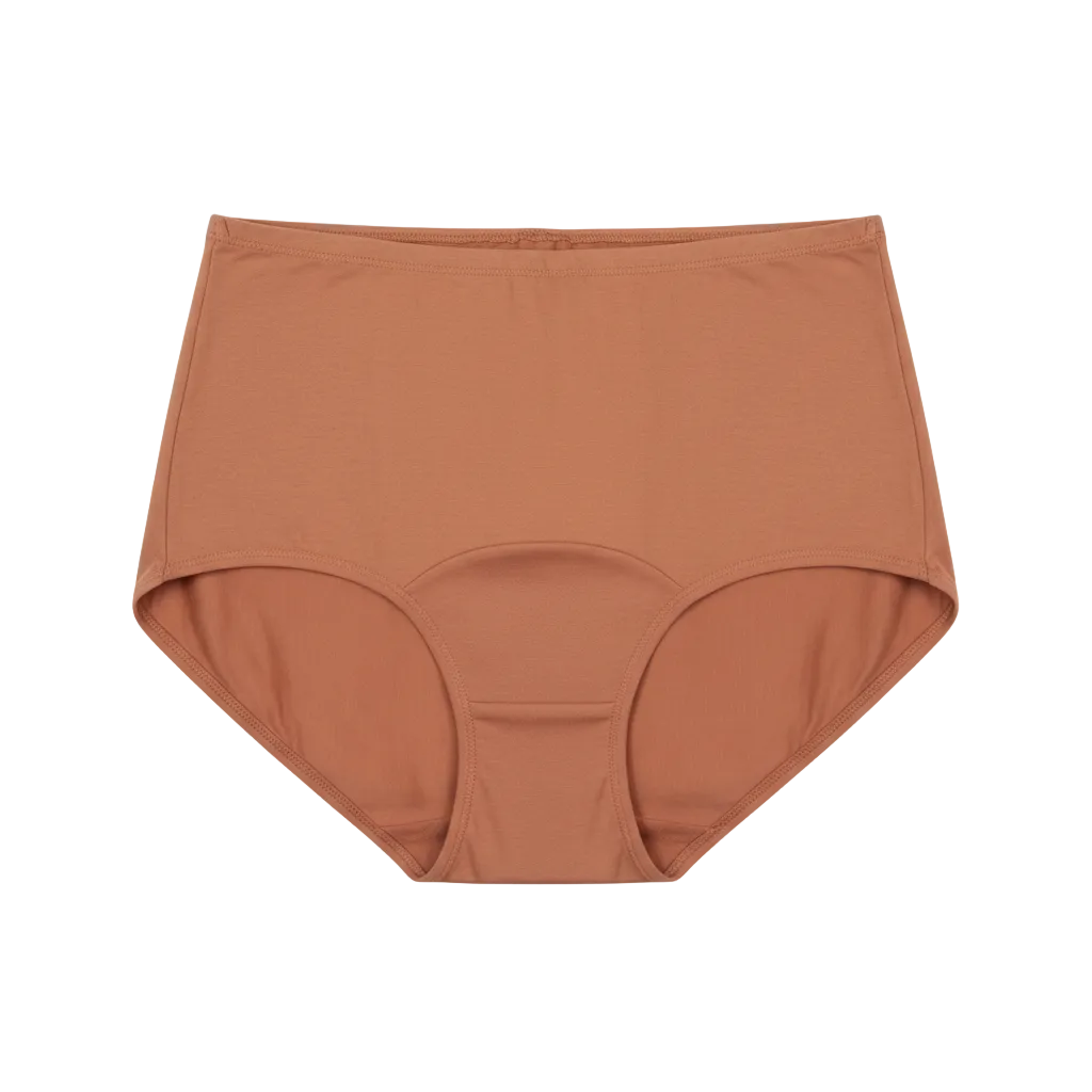 Front view of high waist cotton briefs with extended hip coverage in soft warm clay on white background