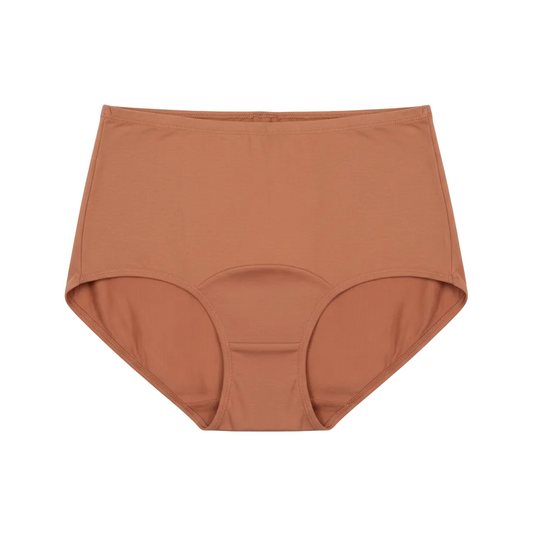 Front view of high waist cotton briefs with extended hip coverage in soft warm clay on white background