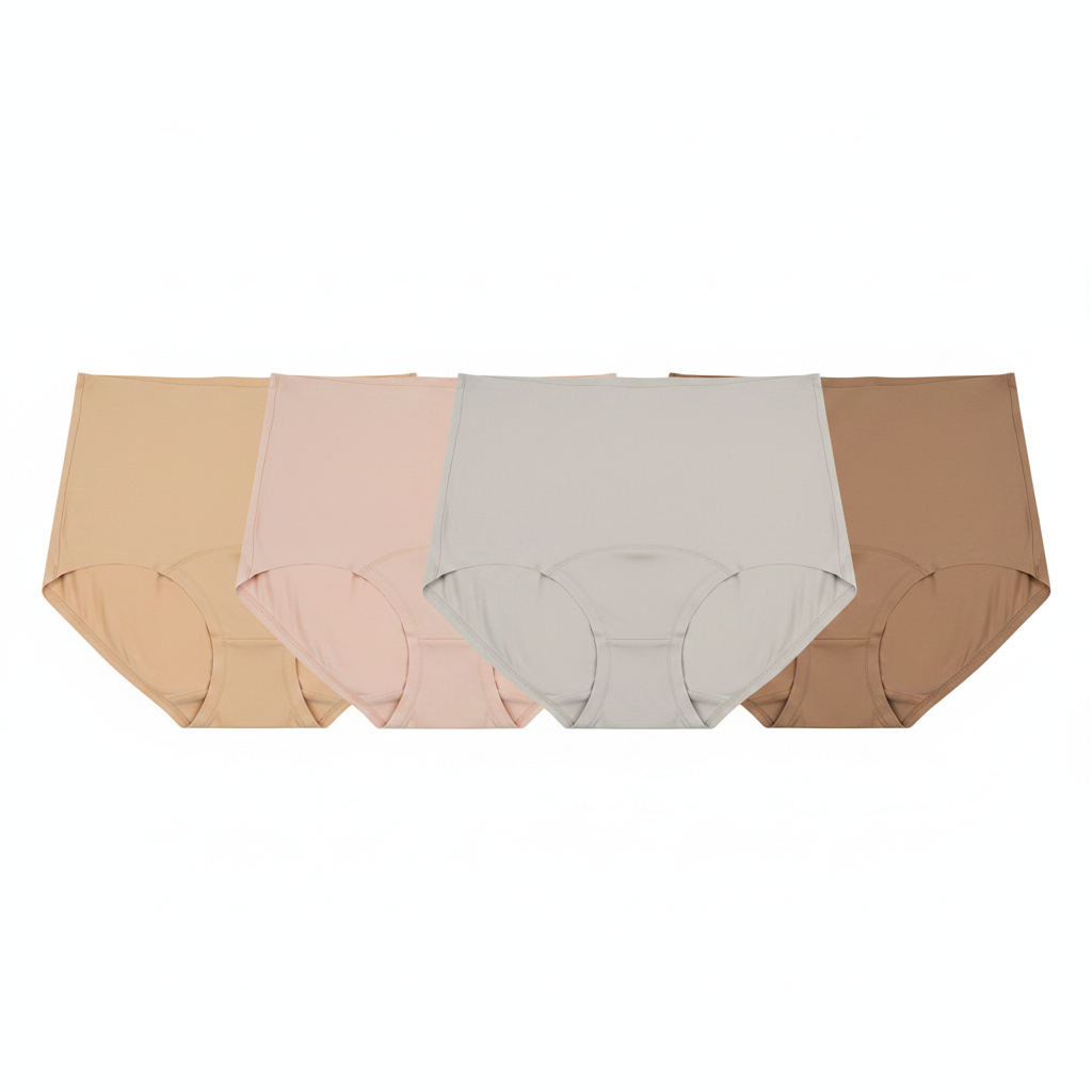 Multi-color flat lay of seamless briefs in four different neutral solid colors