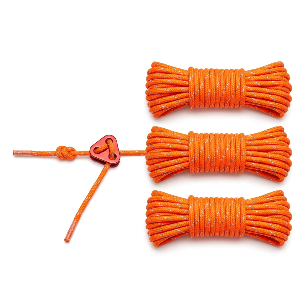 Reflective tent guy lines in 4mm fluorescent orange braided nylon with dual reflective threads and red aluminum 3-hole tension adjuster on pure white background