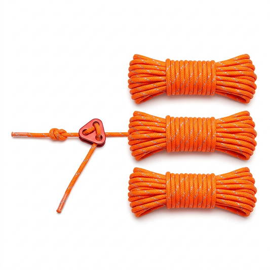 Reflective tent guy lines in 4mm fluorescent orange braided nylon with dual reflective threads and red aluminum 3-hole tension adjuster on pure white background