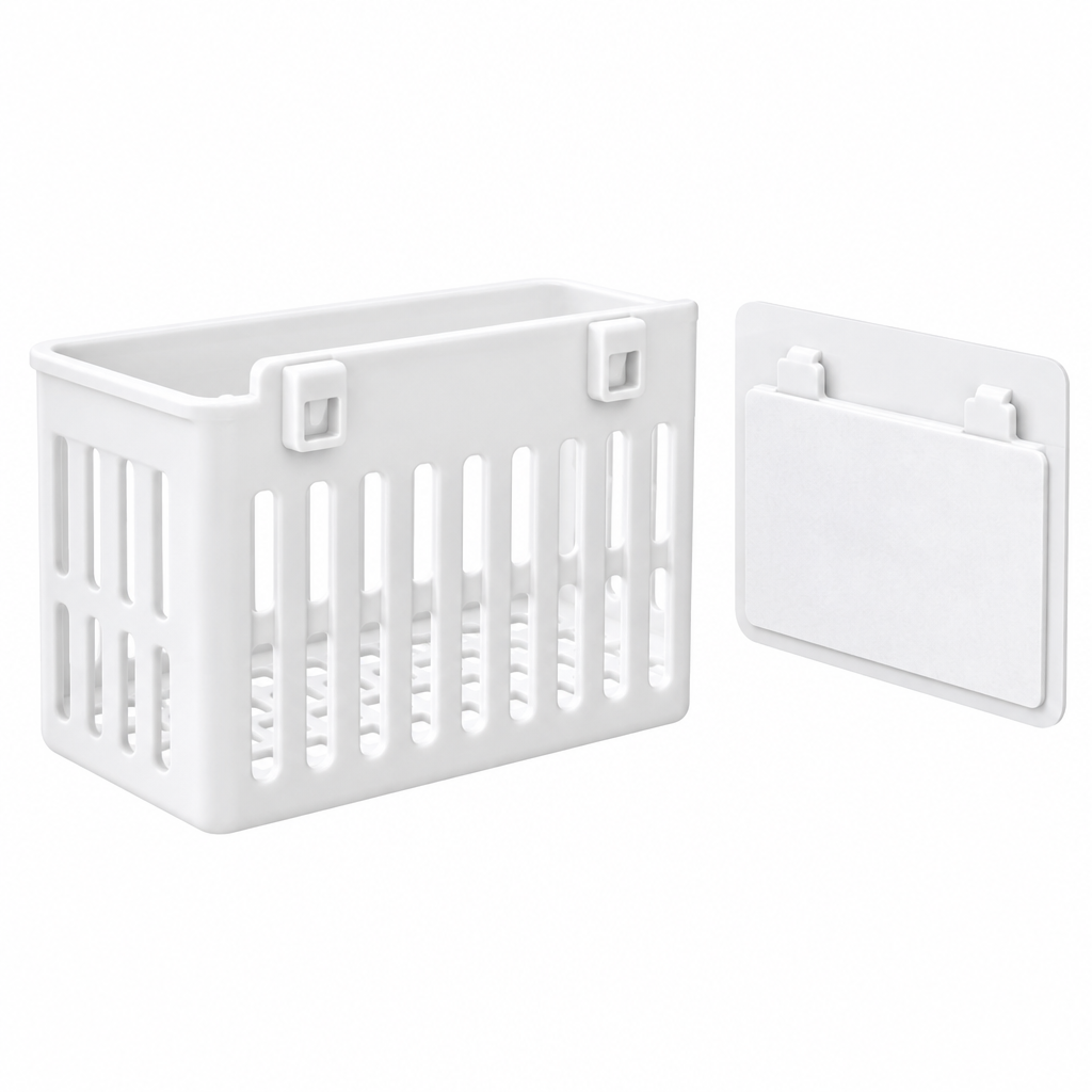 Back of the wall basket with hook slots and separate adhesive mounting plate