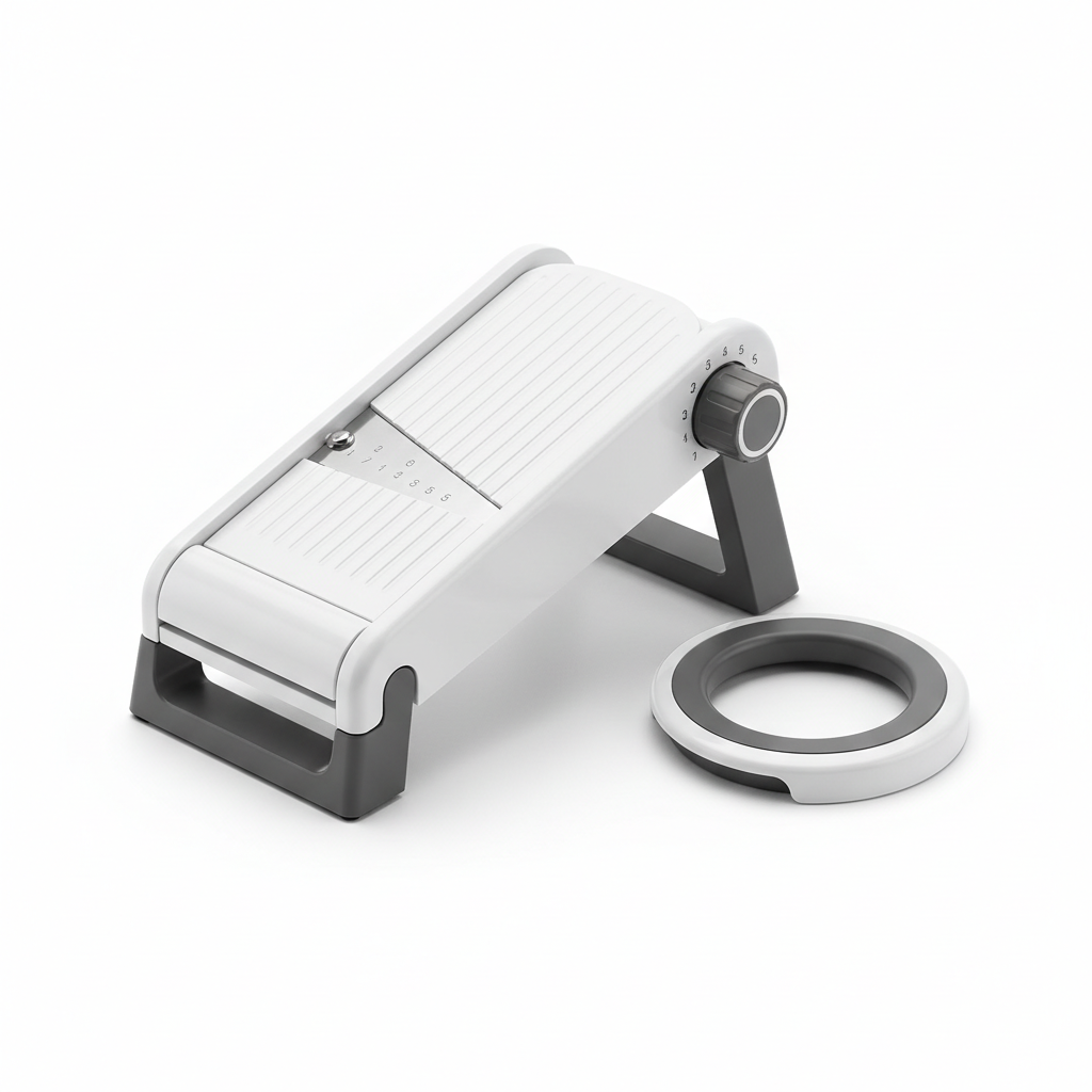 Adjustable mandoline vegetable slicer with rotary dial knob, folding stand, and circular safety guard on pure white background
