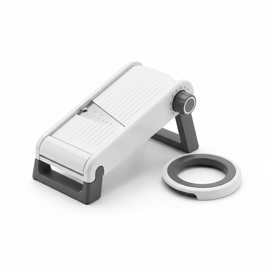 Adjustable mandoline vegetable slicer with rotary dial knob, folding stand, and circular safety guard on pure white background