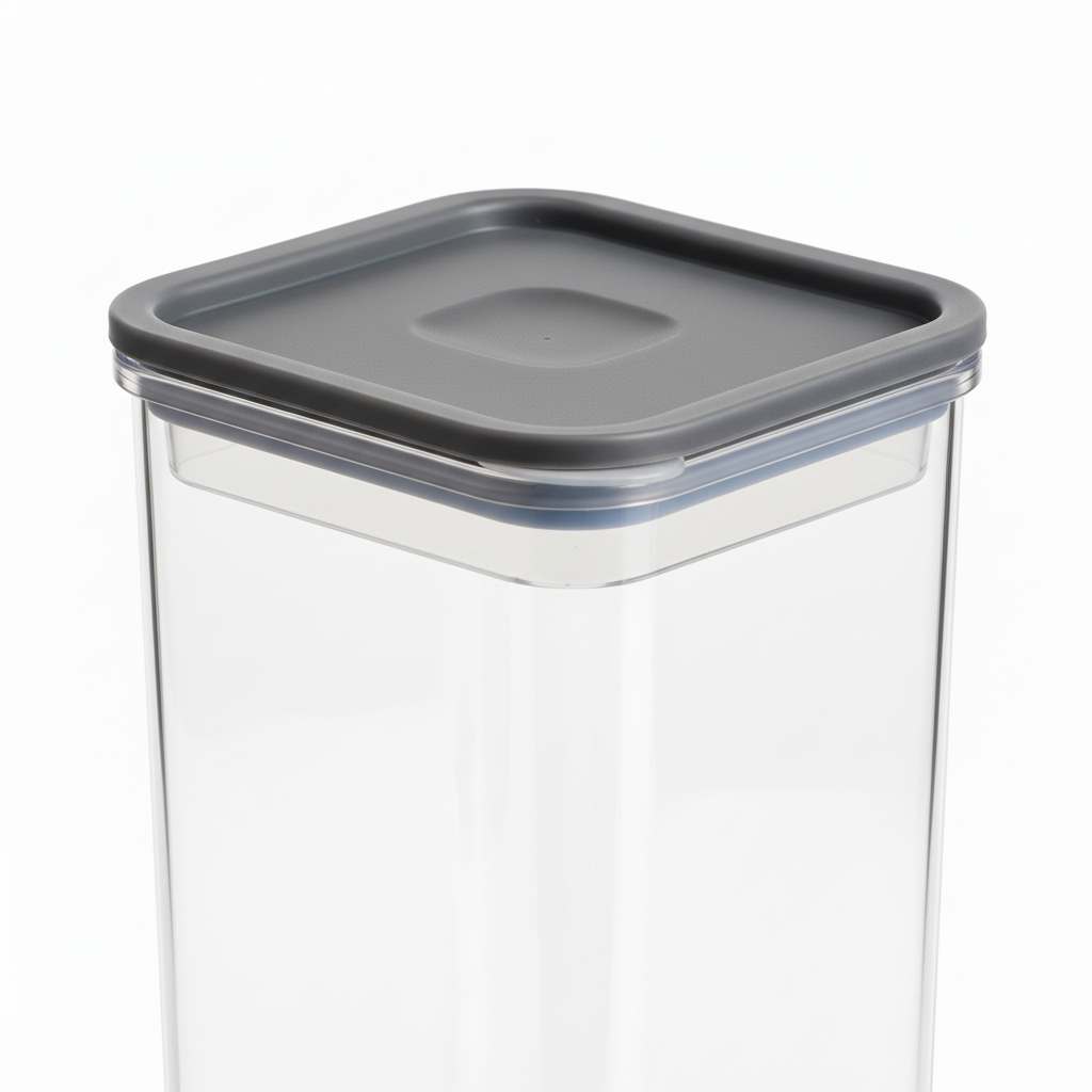 Macro detail of airtight sealing lid rim and recessed stacking groove on pure white background