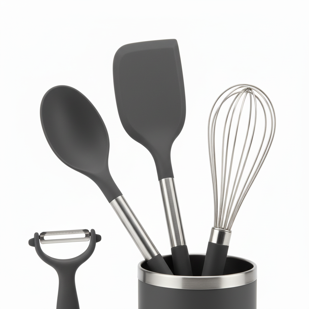 Macro detail of silicone spatula, whisk wire, peeler blade, and grater surface on pure white background