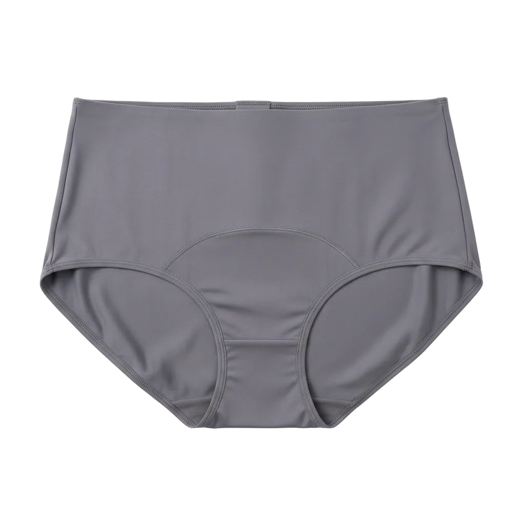 Front view of high waist gentle shaping briefs in muted charcoal grey on white background