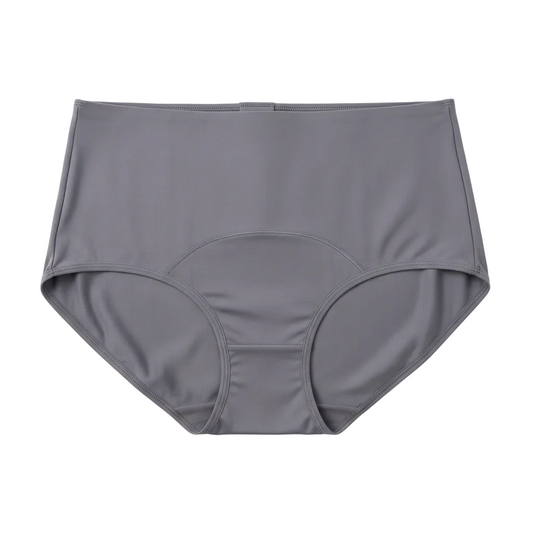 Front view of high waist gentle shaping briefs in muted charcoal grey on white background