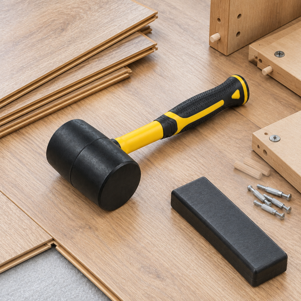 Rubber mallet resting on wooden laminate flooring beside tongue-and-groove planks, tapping block, and furniture parts