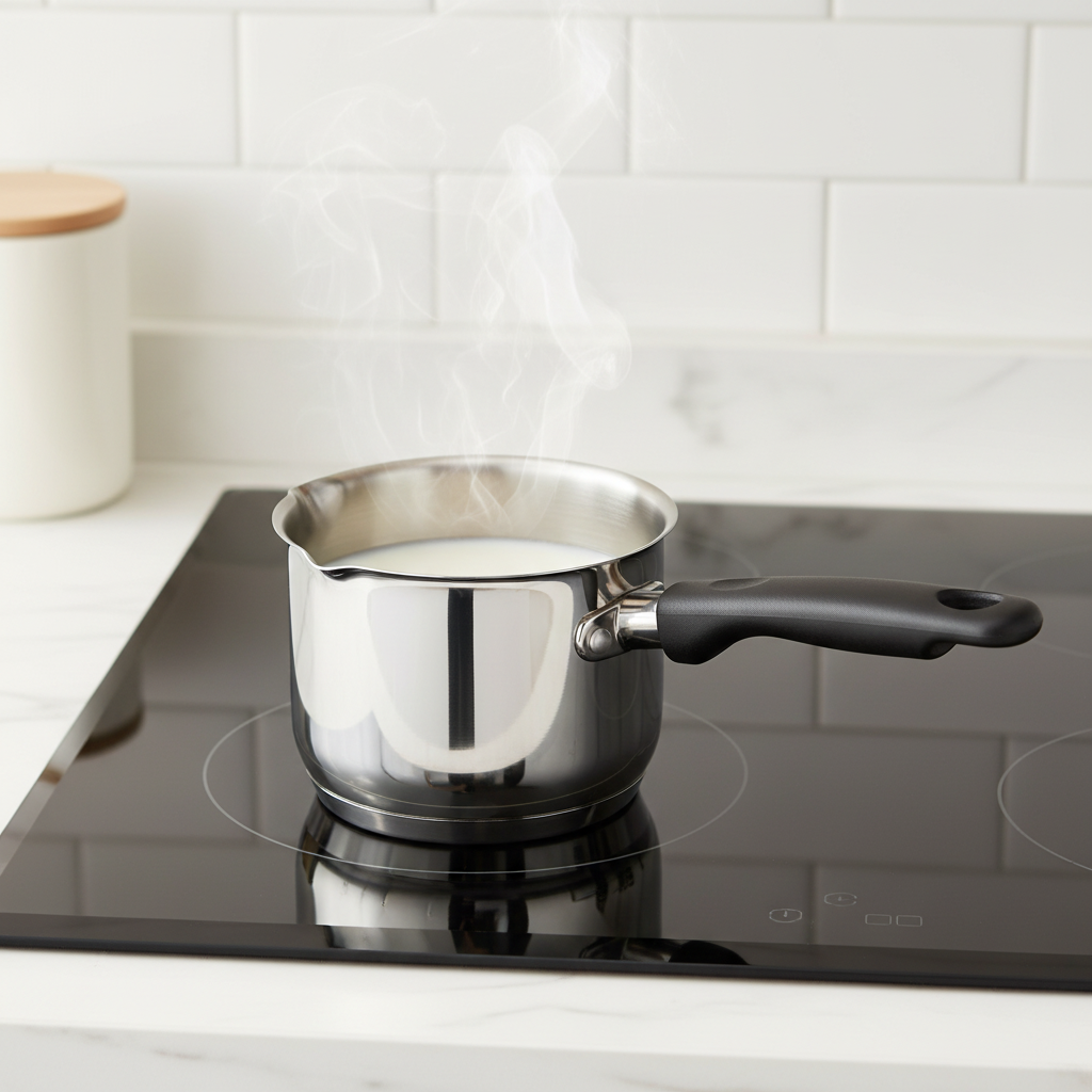 Stainless steel milk pot warming fresh milk on an induction cooktop in modern breakfast kitchen