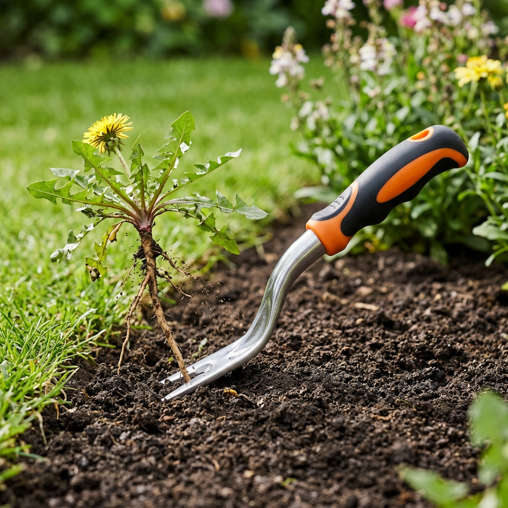 Compact hand weeder tool prying a dandelion weed and taproot cleanly out of garden soil using its curved fulcrum neck