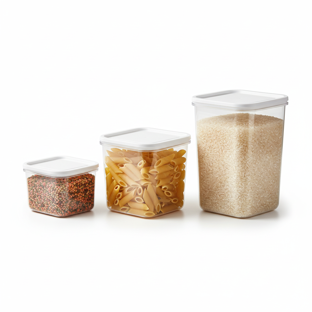 Modular clear plastic kitchen storage containers in multiple sizes on pure white background