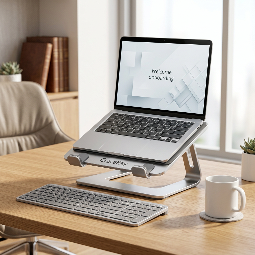 Custom aluminum laptop stand supporting an executive laptop on a modern office desk