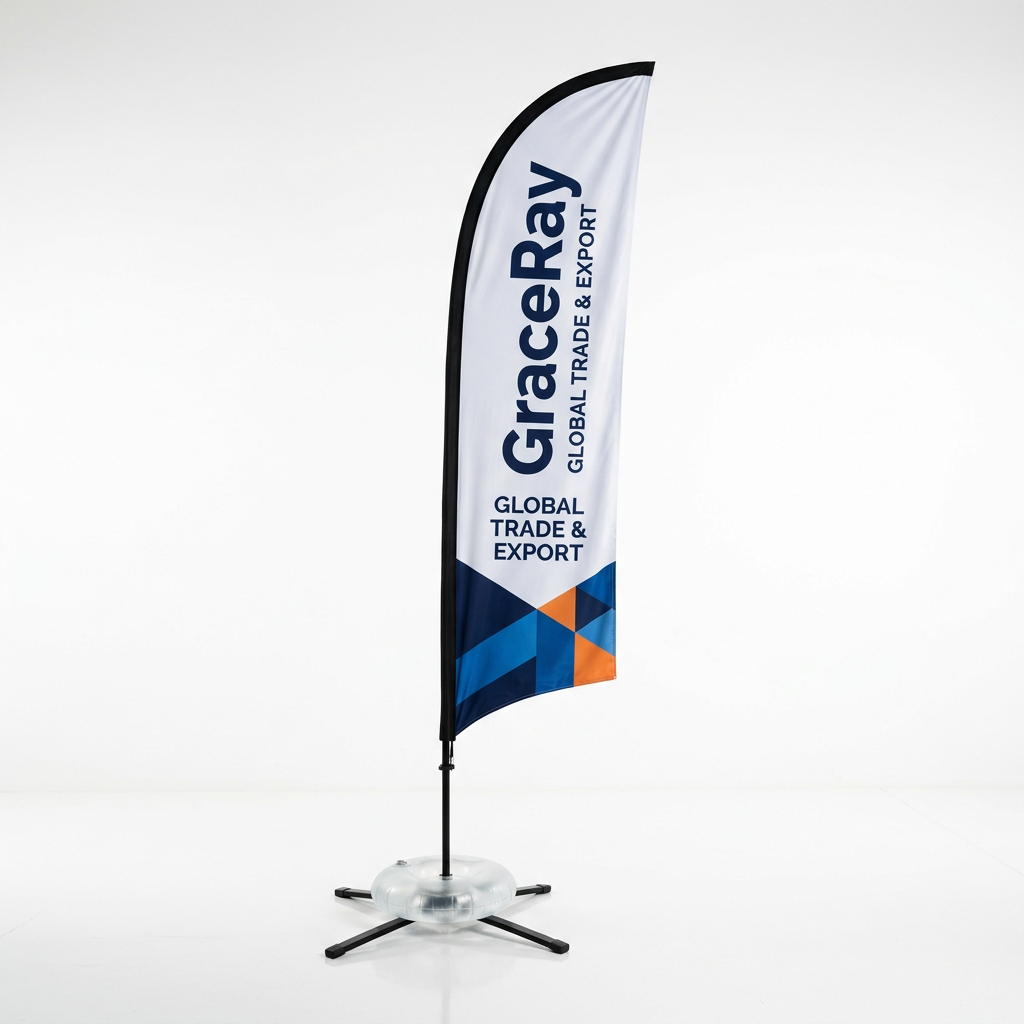 Custom feather flag banner mounted on a base beside a business entrance or outdoor event area.