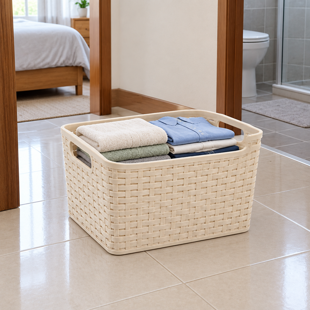 Rattan style storage basket filled with folded towels and clothes in a home hallway