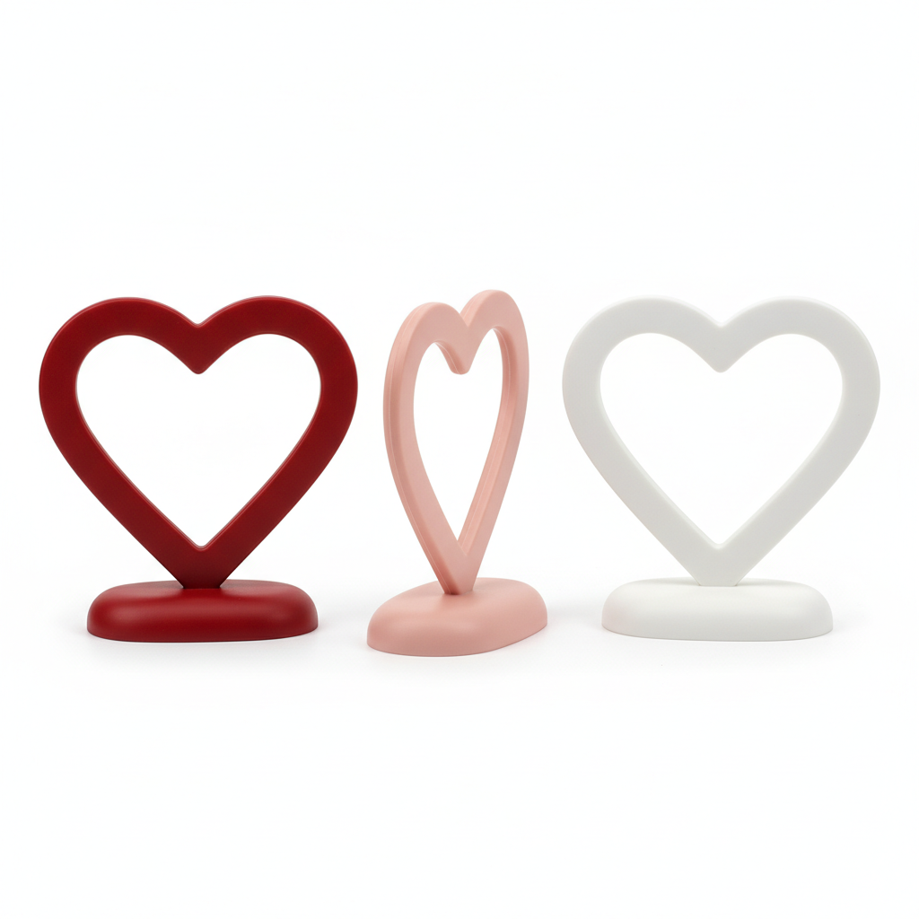 Compact freestanding open-heart tabletop decorations in matte deep red, blush pink and white with stable oval bases on a pure white background.