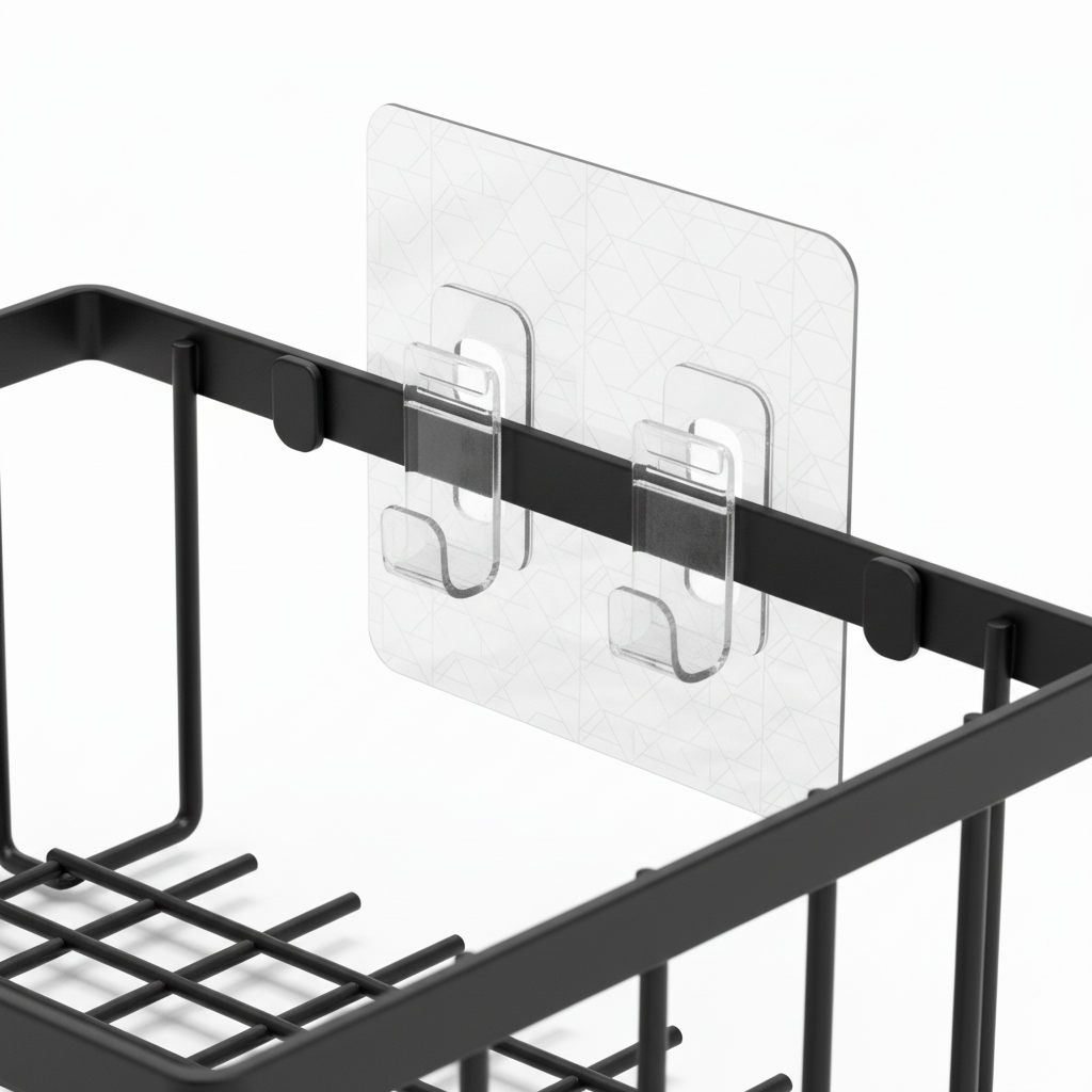 Close-up of no-drill transparent adhesive mounting pad and hooks on kitchen wall rack