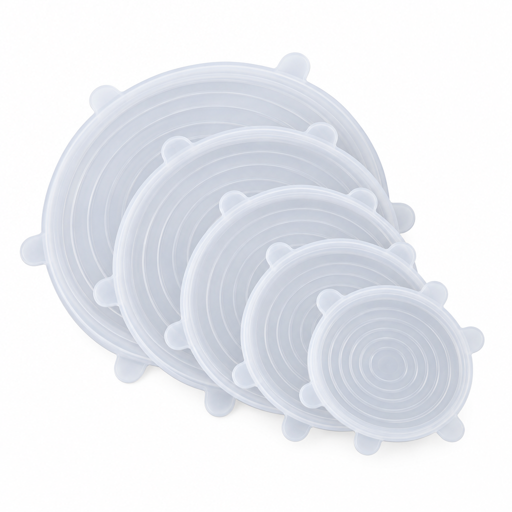 Set of 6 multi-size reusable frosted clear stretch silicone food covers arranged on white background