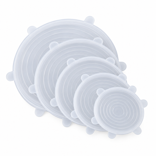 Set of 6 multi-size reusable frosted clear stretch silicone food covers arranged on white background