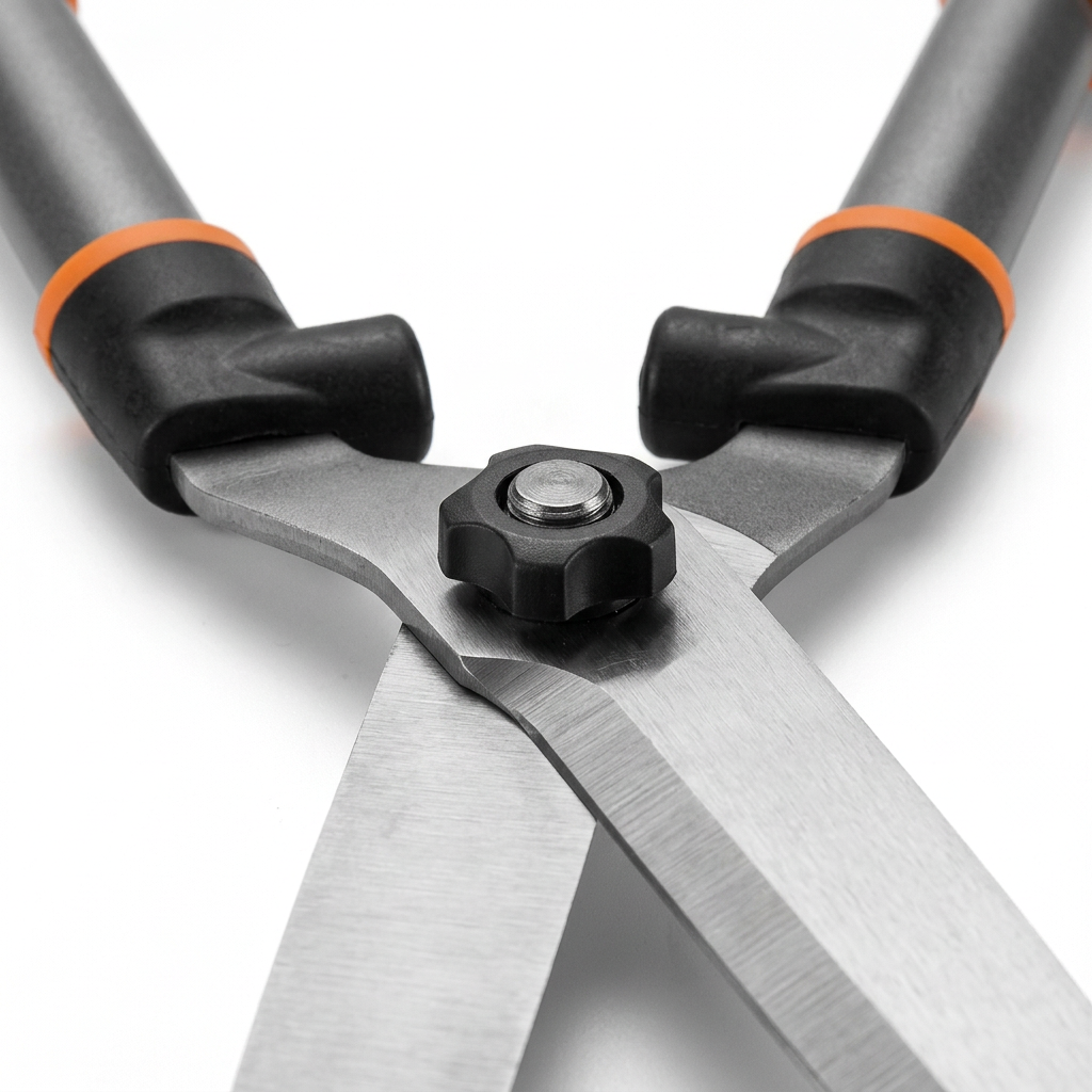 Macro close-up detail of manual hedge shears central tension adjustment knob, pivot bolt, beveled cutting blades, and rubber bumpers on pure white background