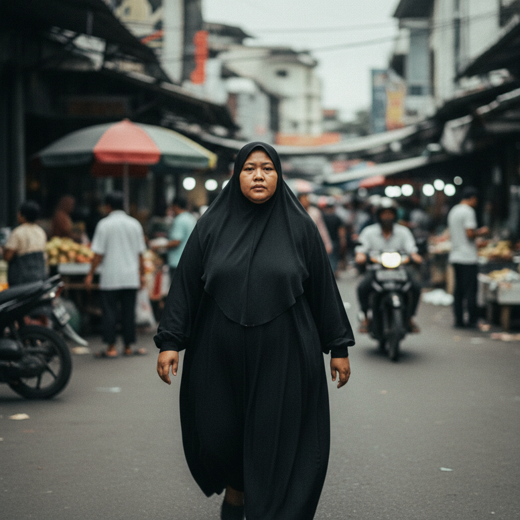 Indonesian Muslim woman black abaya walking on street