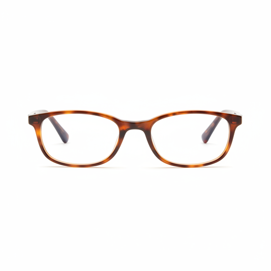 Classic tortoiseshell oval reading glasses with amber pattern front view on white background