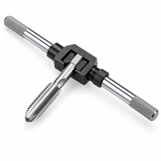 Straight bar-type adjustable tap wrench clamping a high-speed steel thread tap, featuring diamond-knurled steel handles on a seamless pure white background