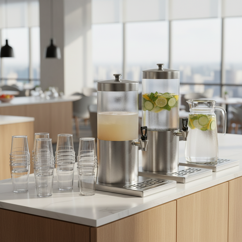 Stackable plastic cups arranged on a commercial buffet counter next to beverage dispensers