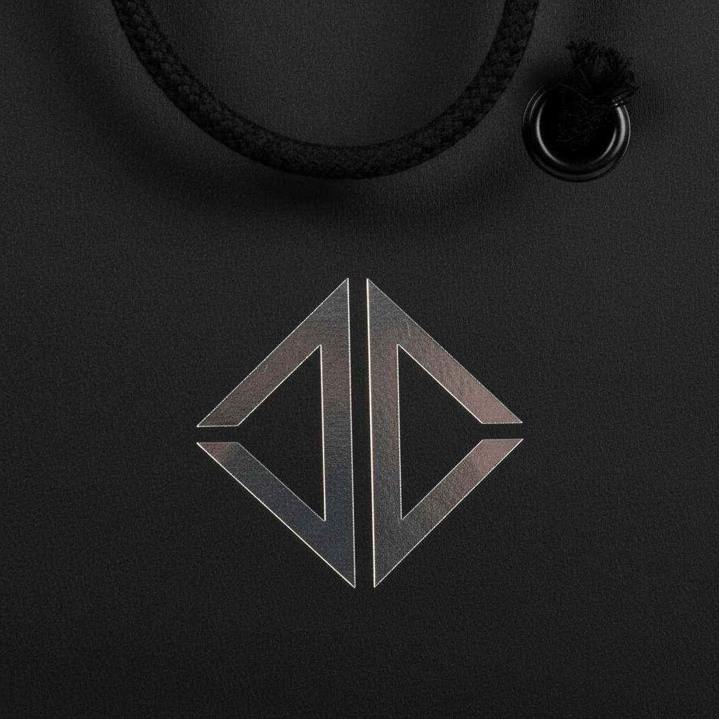 Macro detail of silver foil logo printing on black textured paper bag with rope handle