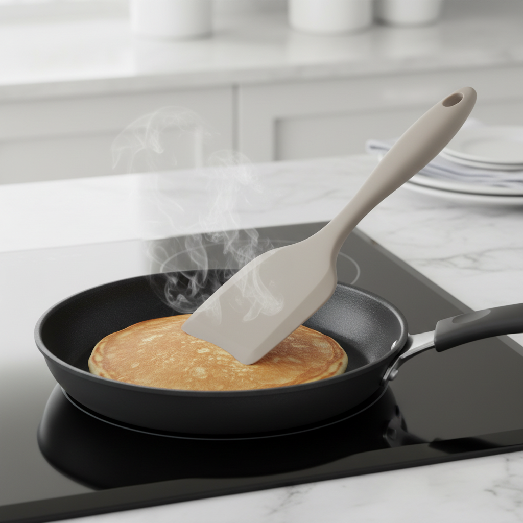 Silicone turner spatula flipping a golden pancake in a non-stick pan on induction cooktop