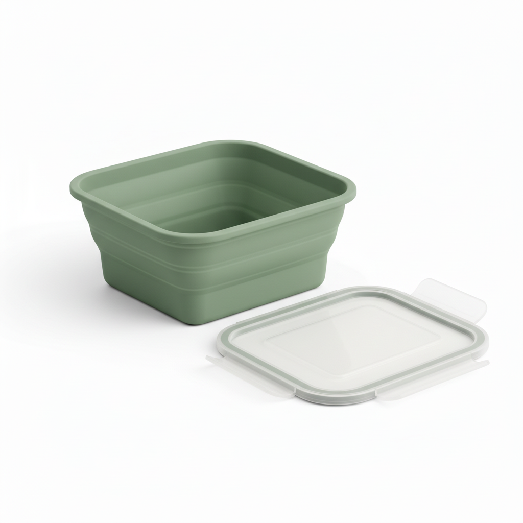 Open flexible silicone food container with lid resting flat beside it on pure white background