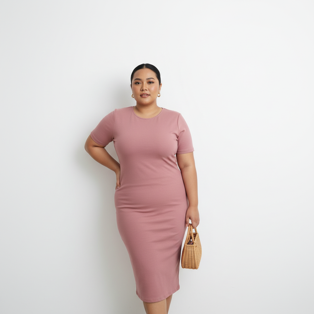 Malaysian woman dusty rose bodycon dress vacation pose