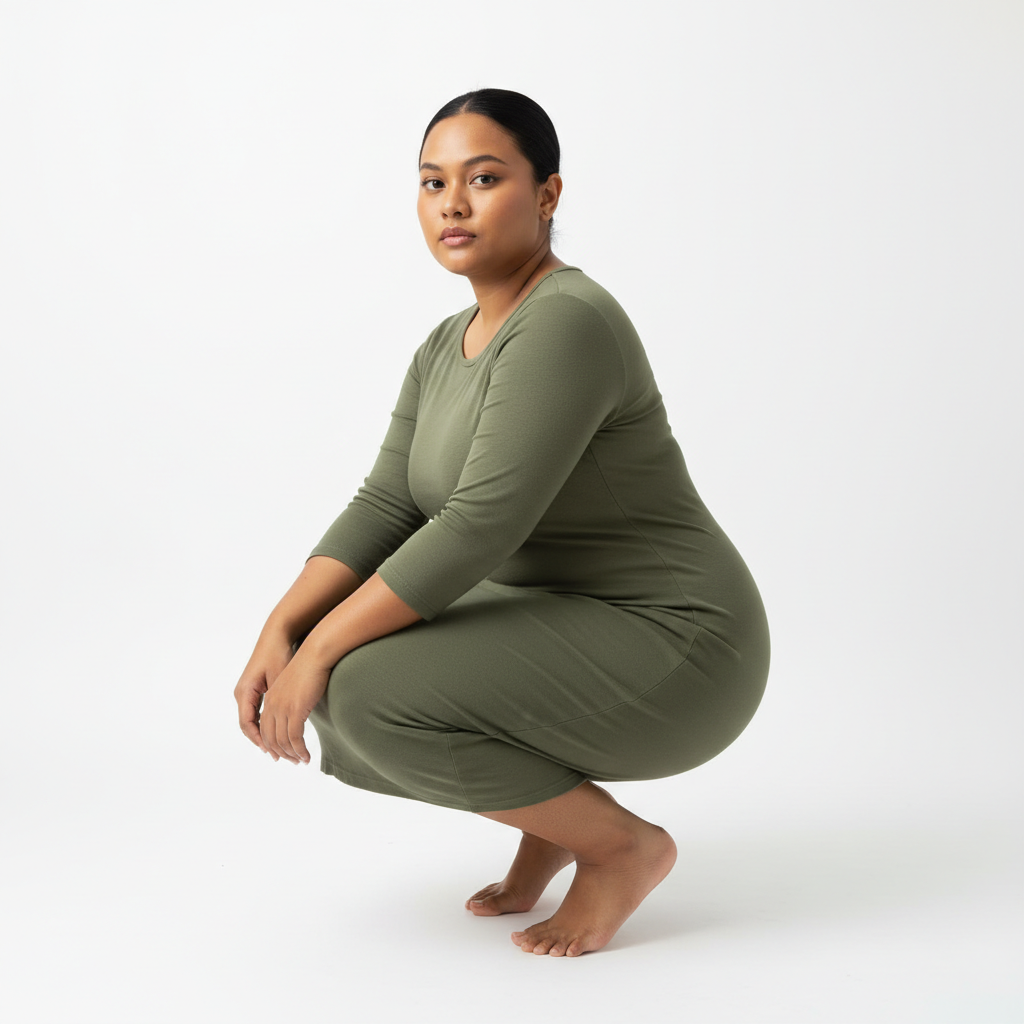 Malaysian woman olive bodycon dress squatting