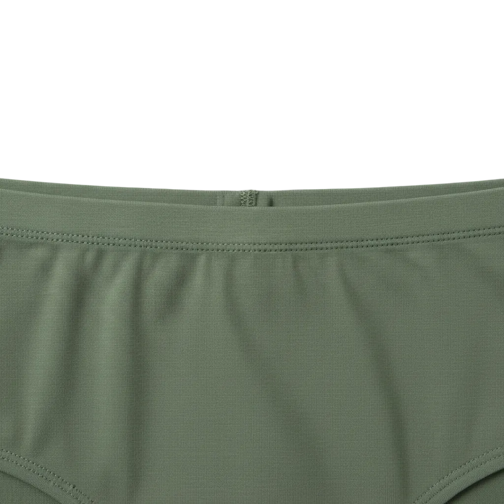 Extreme close-up of mid-waist elastic waistband and cotton texture