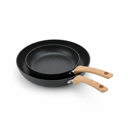 2-piece nested non-stick frying pan set with wood-grain handles on pure white background