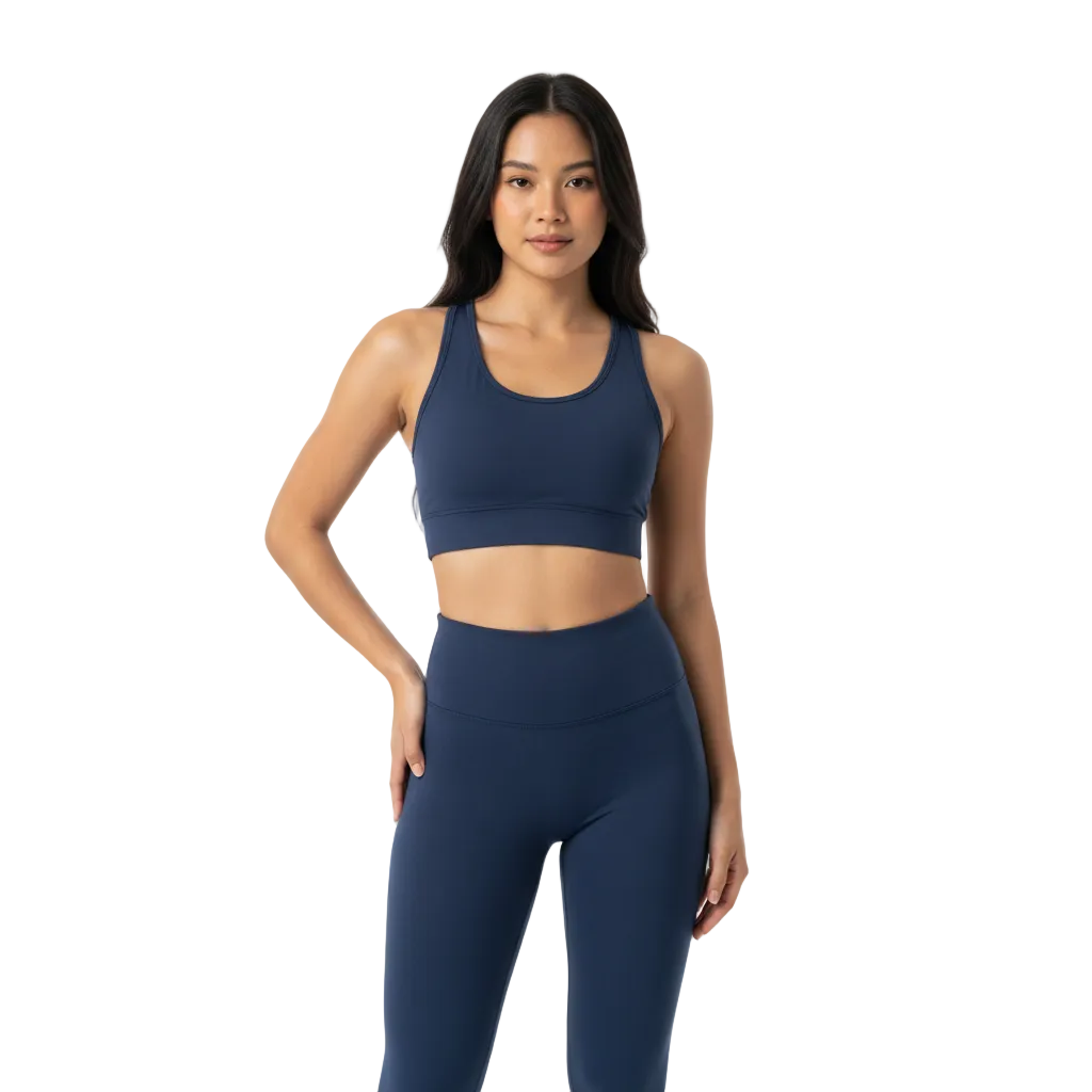 Thai model wearing navy blue lightweight yoga leggings front view