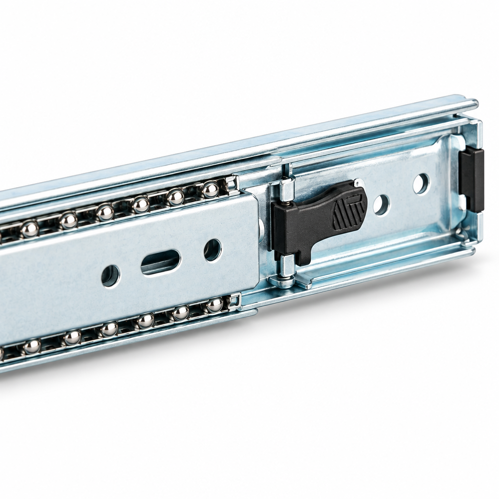 Close-up macro view of the solid carbon steel ball bearings in galvanized retainer cage, rail profile, and release latch of a drawer slide on a pure white background