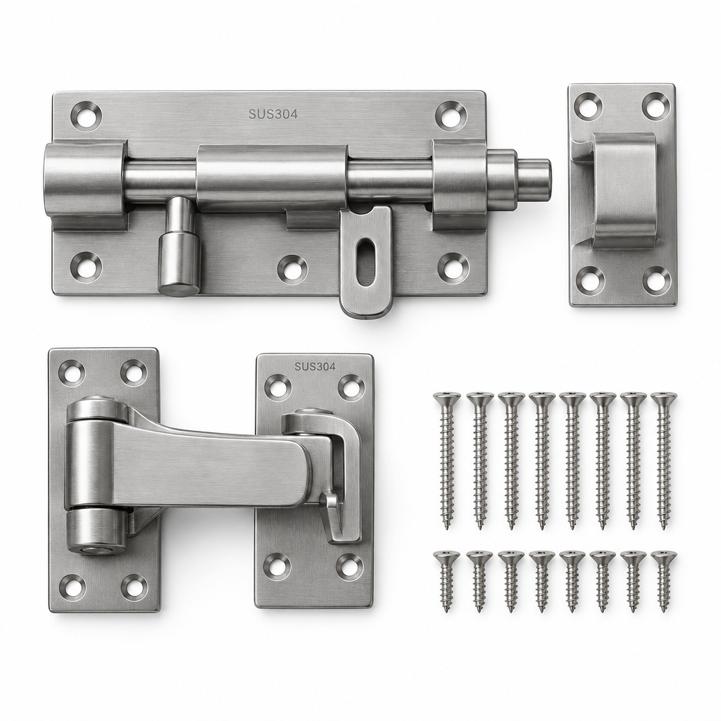 Heavy-duty brushed stainless steel sliding barrel bolt door latches, flip latches, and mounting screws neatly displayed on a pure white background