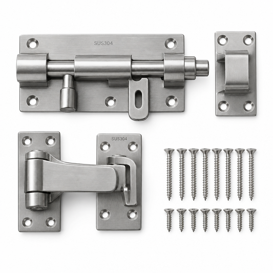 Heavy-duty brushed stainless steel sliding barrel bolt door latches, flip latches, and mounting screws neatly displayed on a pure white background