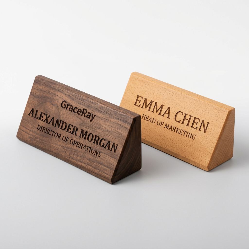Custom wooden desk name plate with engraved name and title for an office workstation.