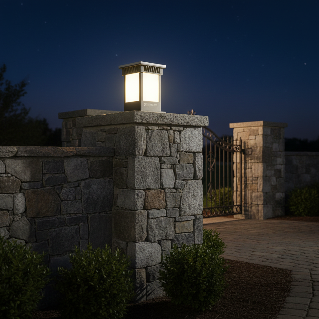 Solar Pillar Light installed on a classic stone gate pillar at night