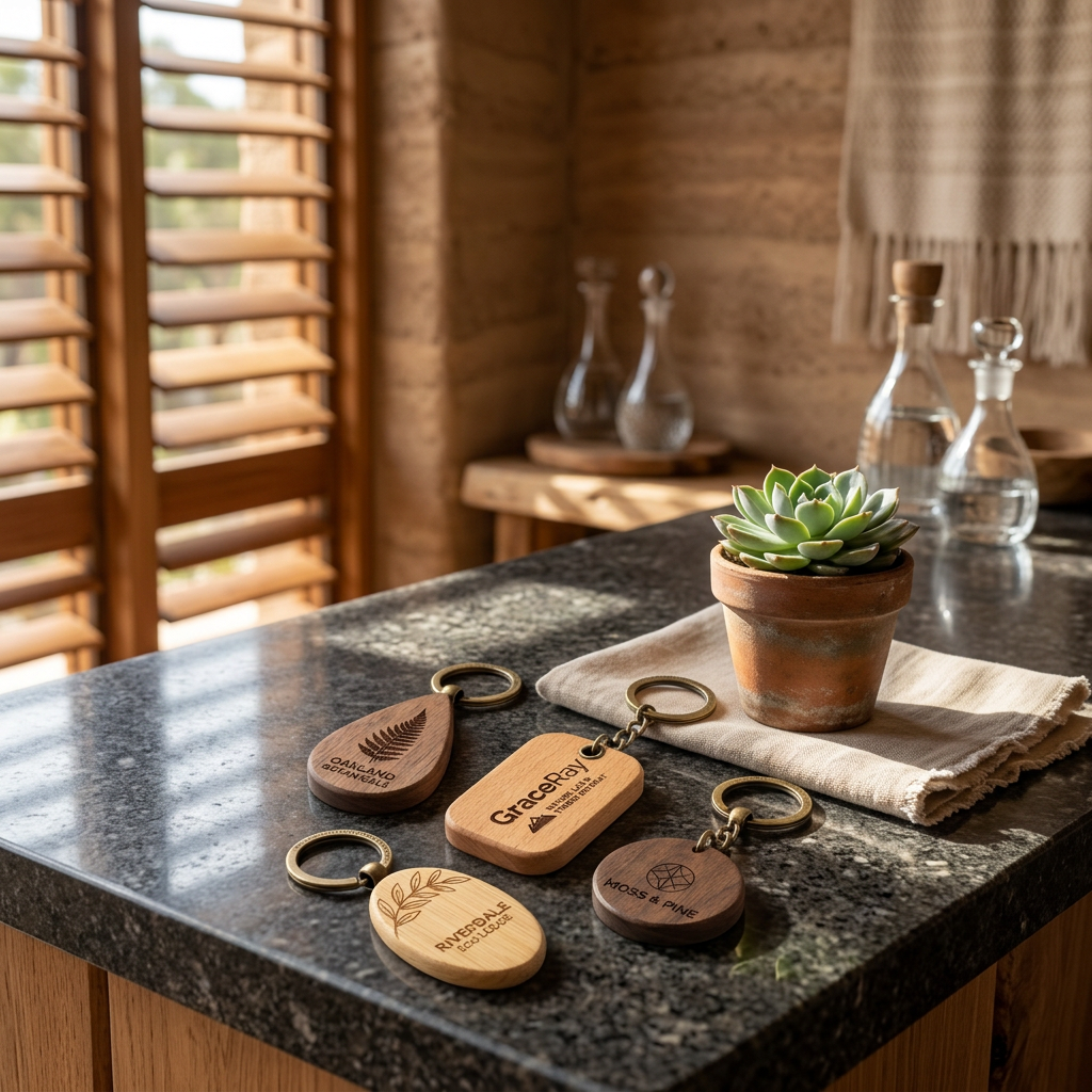 Custom wooden keychains resting on a granite hotel reception counter