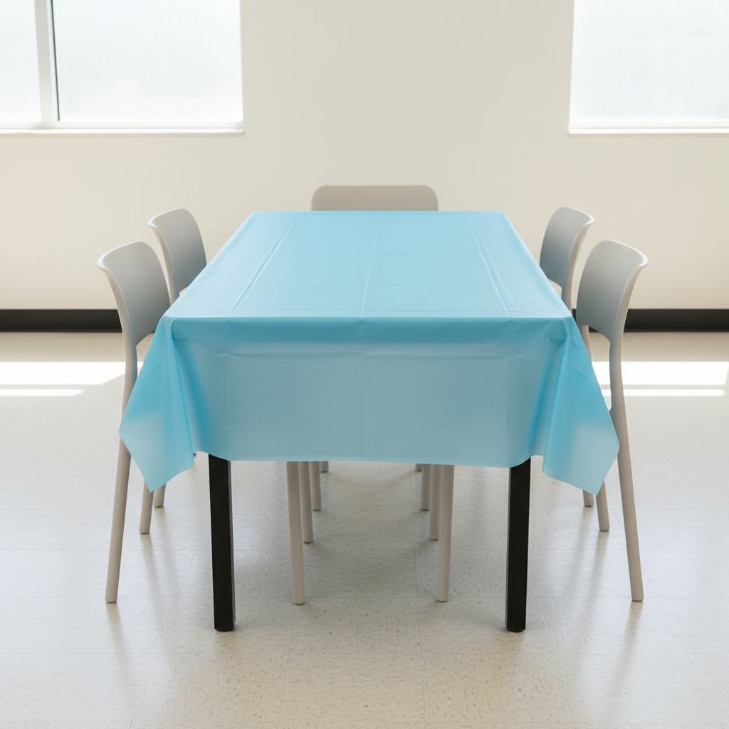 Sky-blue disposable table cover neatly draped over a standard rectangular six-person table before party decoration.