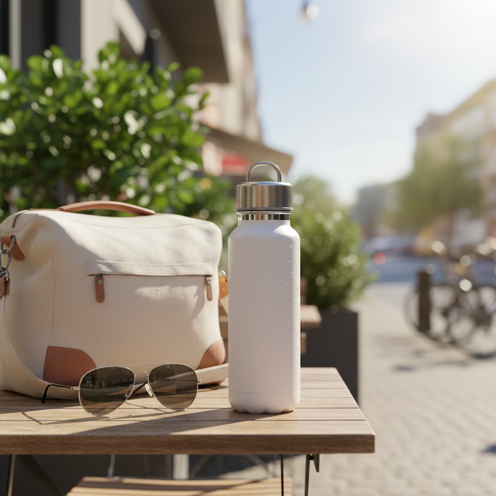 Insulated water bottle with condensation droplets on outdoor cafe table next to sunglasses during commute