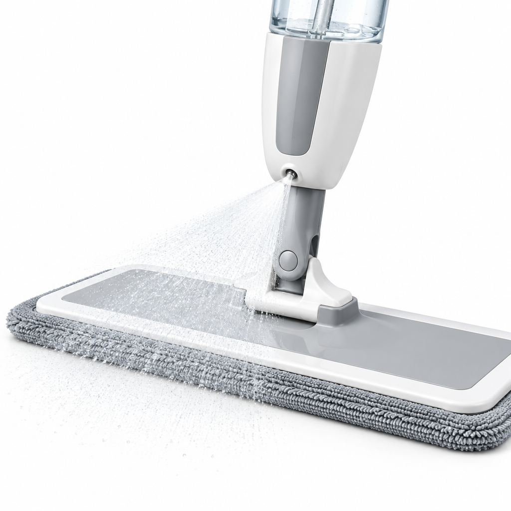 Close-up of the spray mop front nozzle spraying a wide fan of fine water mist on white background