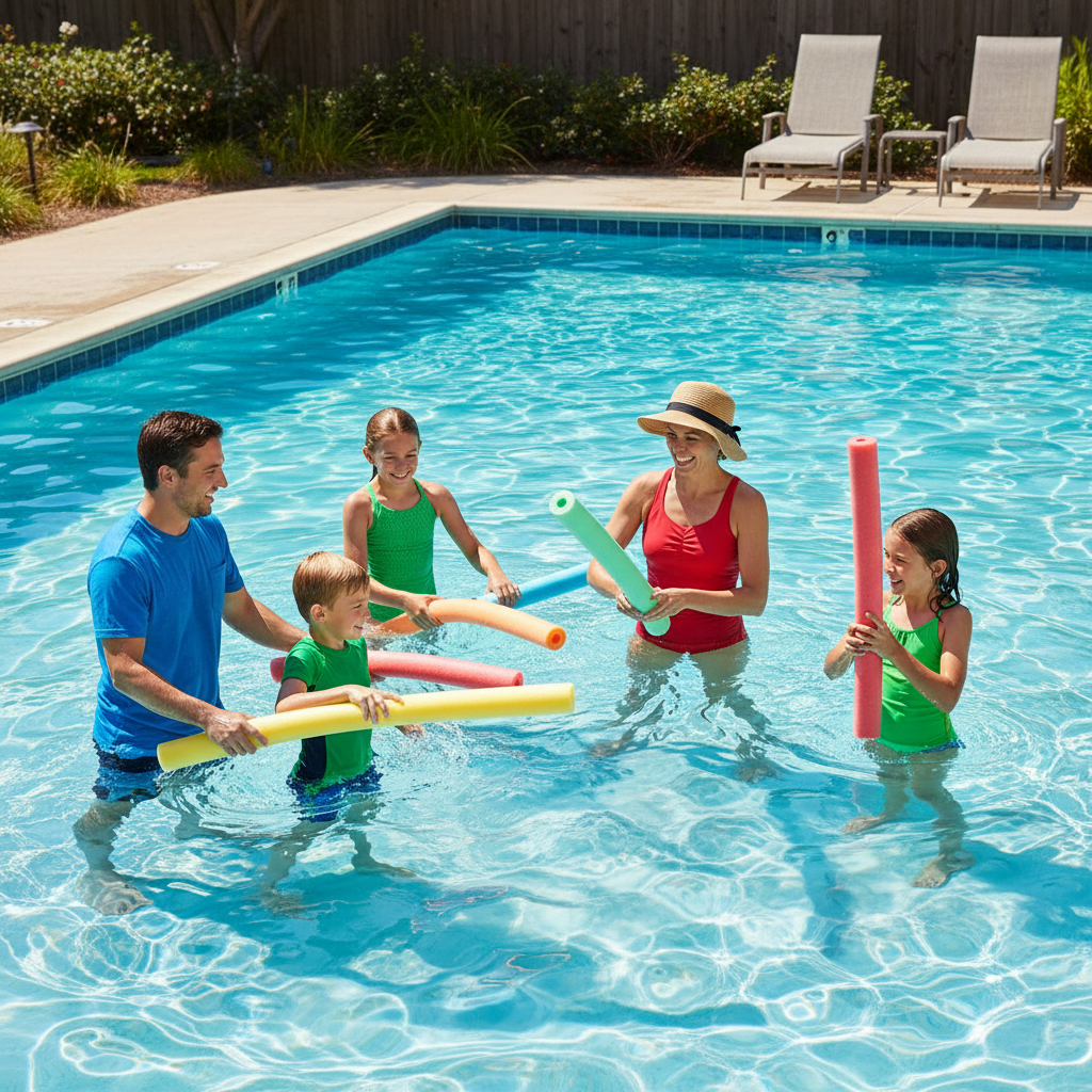 Adults and school-age children using colorful foam pool noodles for supervised recreational games in a shallow swimming pool.